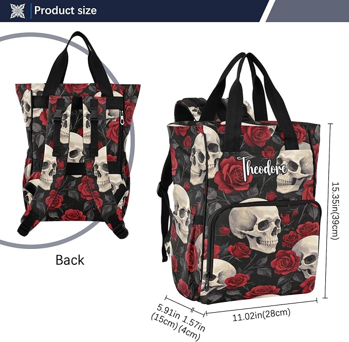 Personalized Watercolor Red Rose Skull Diaper Bag Insul Pockets Mom Dad