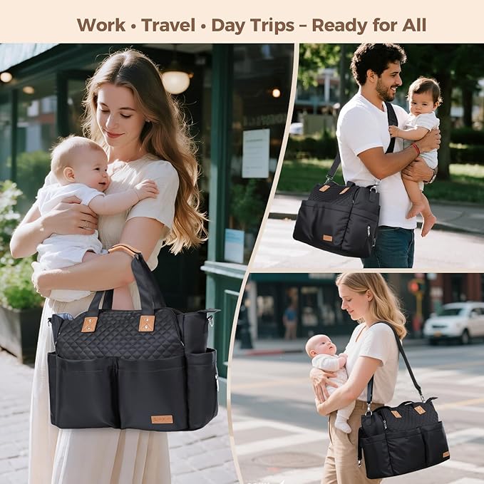 Lekebaby Diaper Bag Tote - 17 Pockets Large Travel Diaper Waterproof Tote with Portable Changing Pad, Mom Crossbody Hospital Bag for Labor Delivery, Baby Essentials for Newborn Gifts, Black