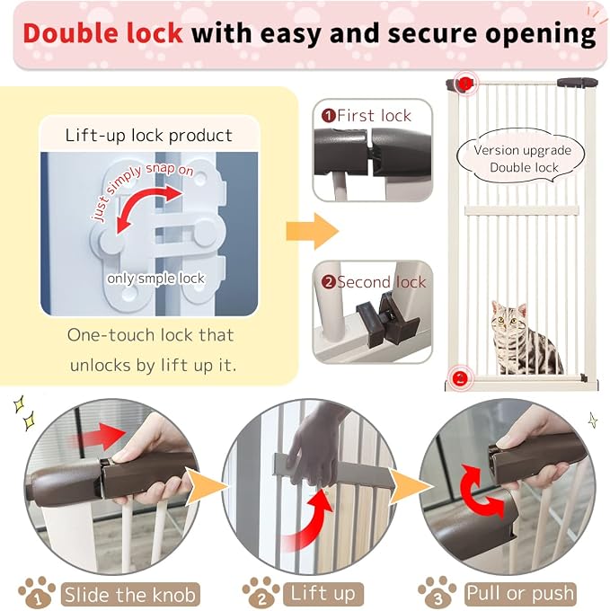 Lumizone 61.02" Extra Tall Pet Gate for Cat Dog 63.39"-67.90" Wide Cream | Extra Tall Cat Gate for Doorway Hallway Stairs Pressure Mounted 1.37" Gap No Drilling Auto-Close Dual-Lock
