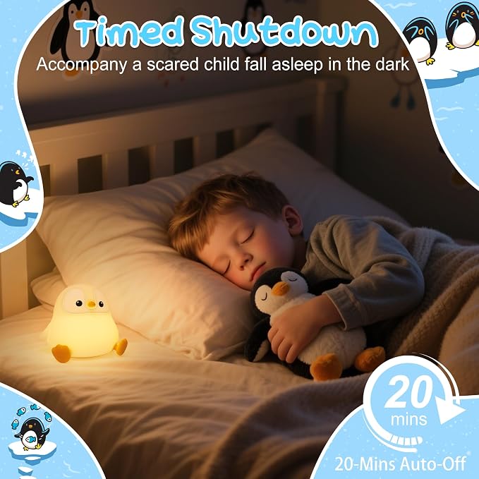 Penguin Night Light, Pudgy Penguins Squishy Nightlight for Kids, LED Silicone Night Lamp with Dimmable & 20 Auto-Off, Nursery Nightlight Stuff for Boys Girls Women