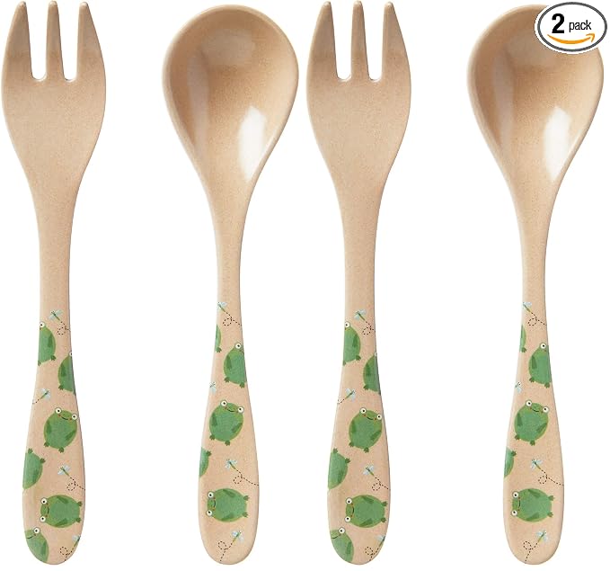 Nuby Eco-Friendly Natural Rice Husk Spoon and Fork Set- 2 Piece Set, Frog Print, 6+ Months- Fully Compostable and Biodegrable (Pack of 2)