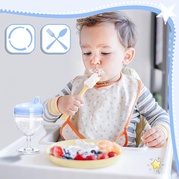 Irenare 2 Pcs Baby Wine Sippy Cup Plastic Goblet Cup No Spill Toddler Sippy Goblet Beverage Milk Water Bottle for Kids Holiday Birthday Party Funny Gift (Goblet Style,Blue,White)