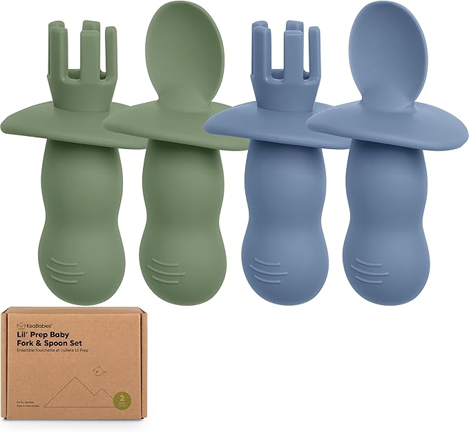 KeaBabies 4-Pack Silicone Baby Spoons and Forks Set - Baby Led Weaning Utensils 6-12 Months, Self Feeding Toddler Spoon & Fork for Training, Teething, Easy to Hold, BPA-Free Silicone (Slate)