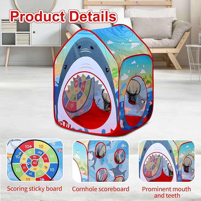 Shark Kid Play Tent Pop up Tent Play Tunnel Indoor and Outdoor Playhouse for Kid Beanbag Toss Game for Team Competition for boy with Tote Bag（Shark）