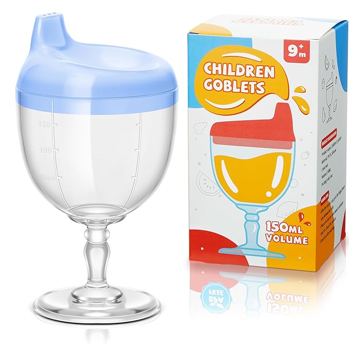Irenare Baby Wine Sippy Cup Plastic Goblet Cup No Spill Toddler Sippy Goblet Beverage Milk Water Bottle for Kids Holiday Birthday Party Funny Gift(Goblet Style,Blue,1 Pcs)