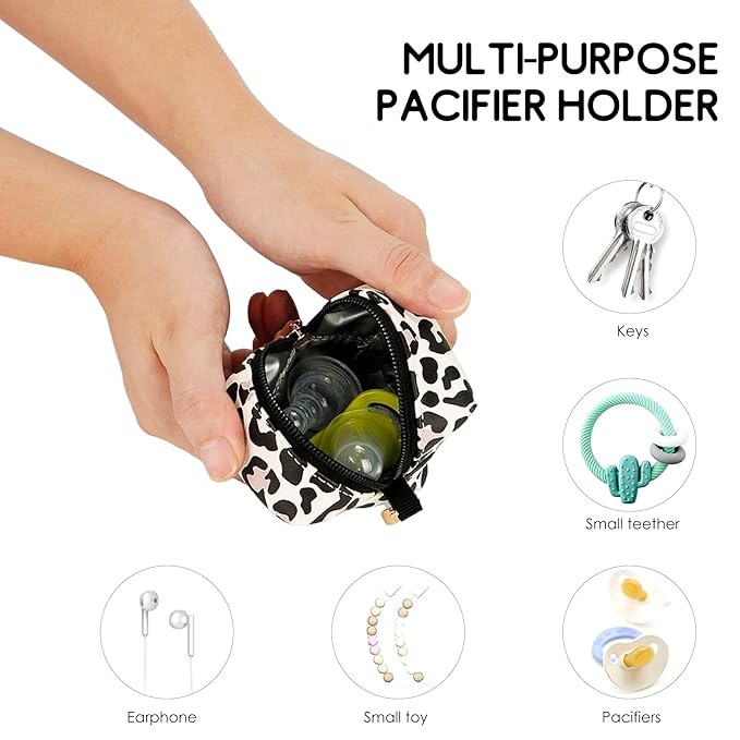 SONARIN Portable Pacifier Holder Case with Clasp for Diaper Bags,PU Baby Dummy Case Soother Pod Pacifier Case Pacifier Bag Storage Box for Holding 2 Pacifiers or Nipple Shields(Leopard Print)