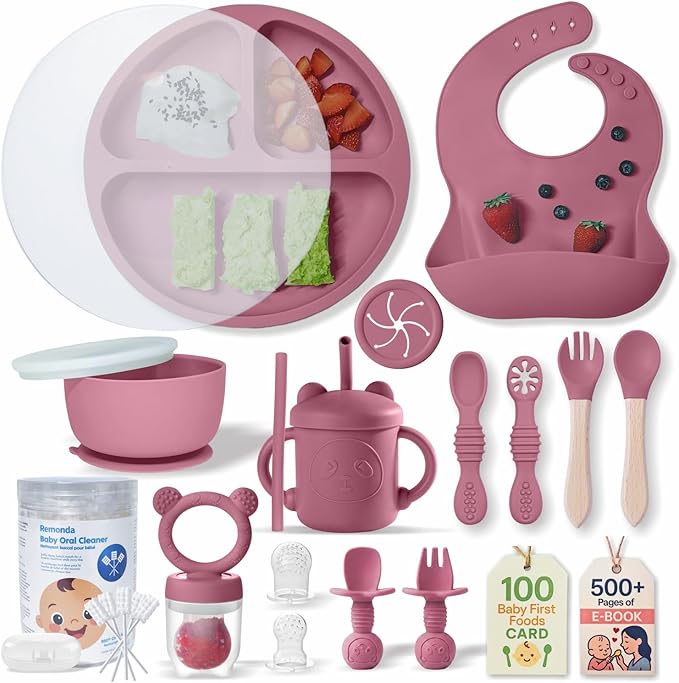 Remonda 23-Piece BPA-Free Silicone Baby Feeding Set | Extra Large Suction Plates, Toddler Bowls, Self Feeding Spoons, and More | Dishwasher Safe| Baby Led Weaning Supplies (Red) A1