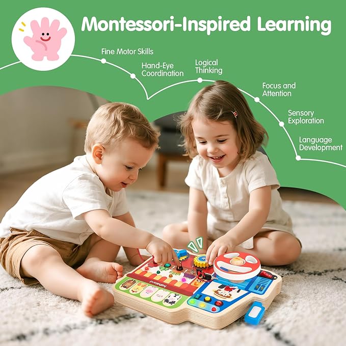 hahaland Montessori Busy Board for Toddlers 3-5, 18-in-1 Wooden Sensory Activity Board with LED Lights & Switches, Educational Montessori Toy for Fine Motor Skills, Kids Gift