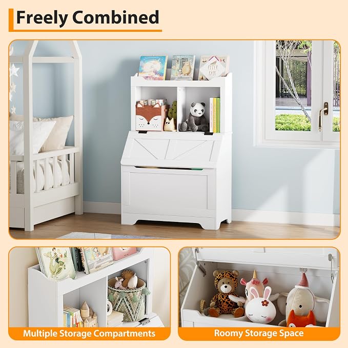 Kids Bookshelf, Toy Storage Organizer with Flip-Top Lid and Cubby, Wood Kids Bookcases Fit for Playroom, Children's Room, Bedroom, Nursery School