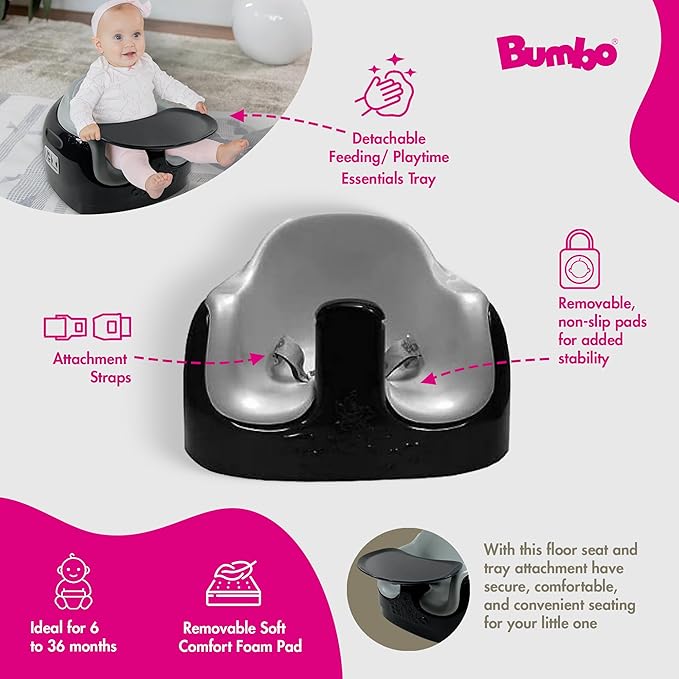 Bumbo 2 Pack 3-in-1 Multi-Seat for 6 to 36 Months, Travel Baby Feeding and Play Floor Seat, All-in-One Portable Booster with Tray & Toddler High Chair, Black/Cool Grey