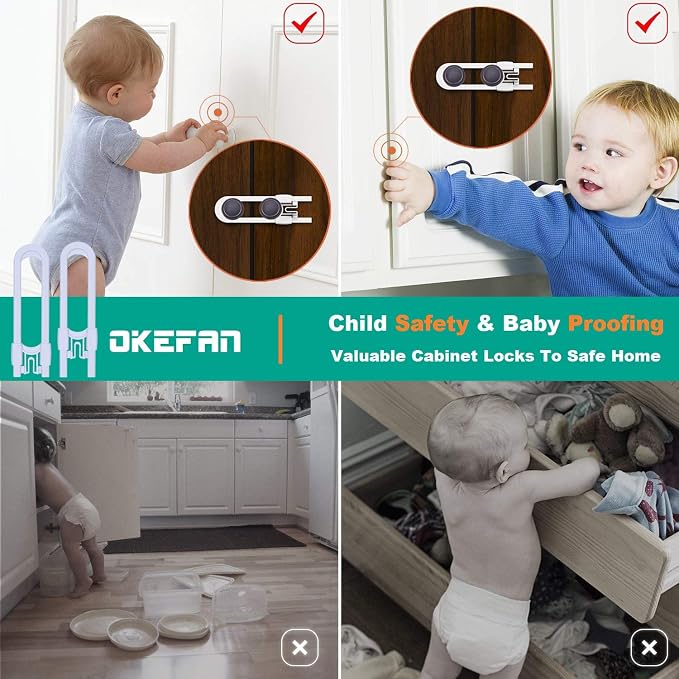 Sliding Cabinet Child Safety Locks - OKEFAN Baby Proofing Cabinet Lock Cupboard Latches for Kids on Closet Door Knobs Handles Pulls No Drill (8, White)