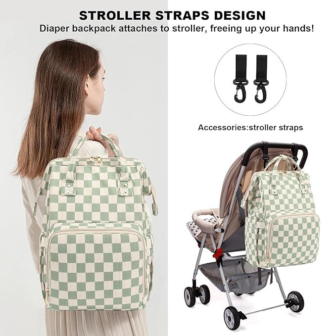 Baby Diaper Bag Backpack for Mom, Large Capacity Travel Nappy Bag for Boys & Girls with Stroller Straps (Corduroy Checkered Green)