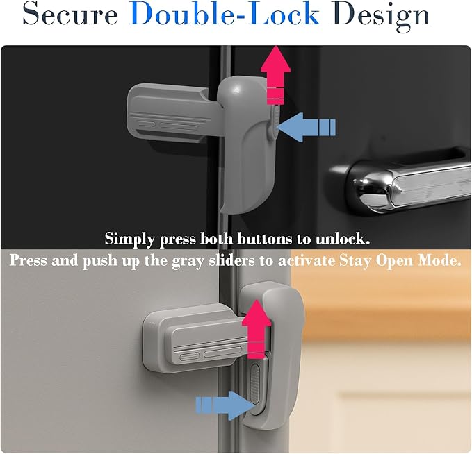 2 Pack Child Proof Fridge Lock, Baby Safety Refrigerator & Freezer Door Lock for Toddlers, Kids & Pets, One-Hand Operation, Strong Adhesive, No Tools or Drilling Needed, Gray