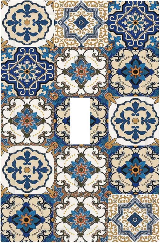 Boho Talavera Decorative Tile Moroccan Mandala Print Decorative Light Switch Cover 1 Gang Single Toggle Device Electrical Faceplate Switchplates Decorator Outlet Wall Plate for Bathroom Kitchen Decor