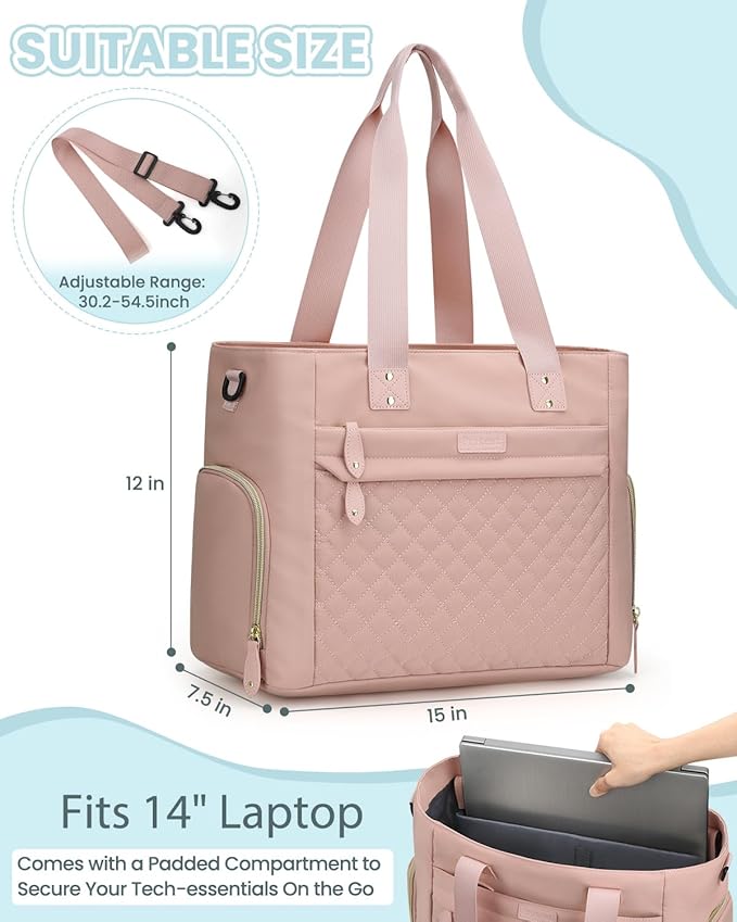 Pritent Diaper Bag Tote for Working Mom, Large Travel Diaper Tote for Mom and Dad with 14 Inch Laptop Sleeve, Mommy Maternity Travel Baby Bag for Boys and Girls, Pink