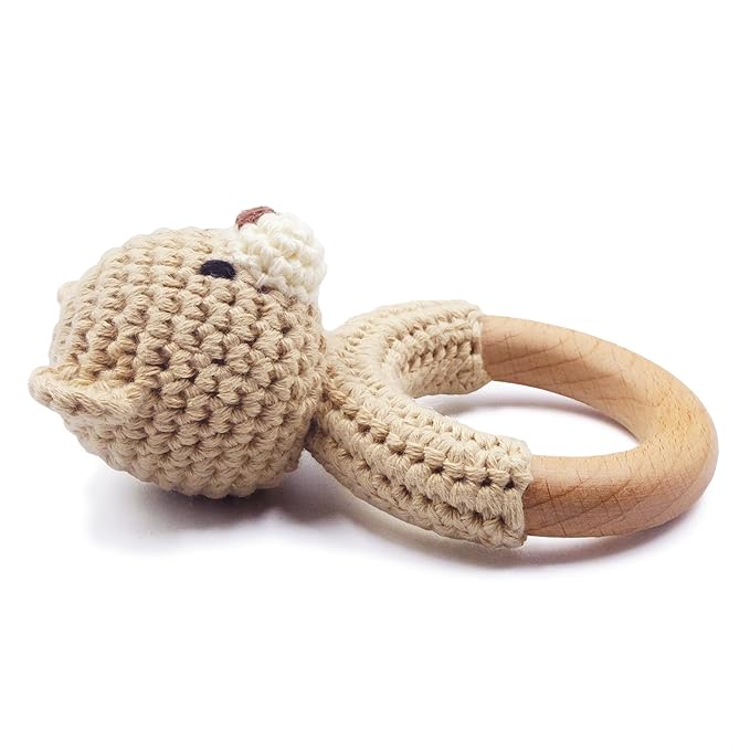 Joliecraft Safari Animals Wooden Baby Rattle Toys Stuffed Crochet Rattle with Teether Ring for Newborn, Beige Bear