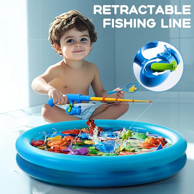 Magnetic Fishing Pool Toys Game for Kids Toddlers 3-5 4-8, Fishing Water Table Bathtub Toy with Inflatable Pool Pole Rod Net Plastic Floating Fish, Water Bath Pool Outdoor Toys for Kids Toddlers Baby