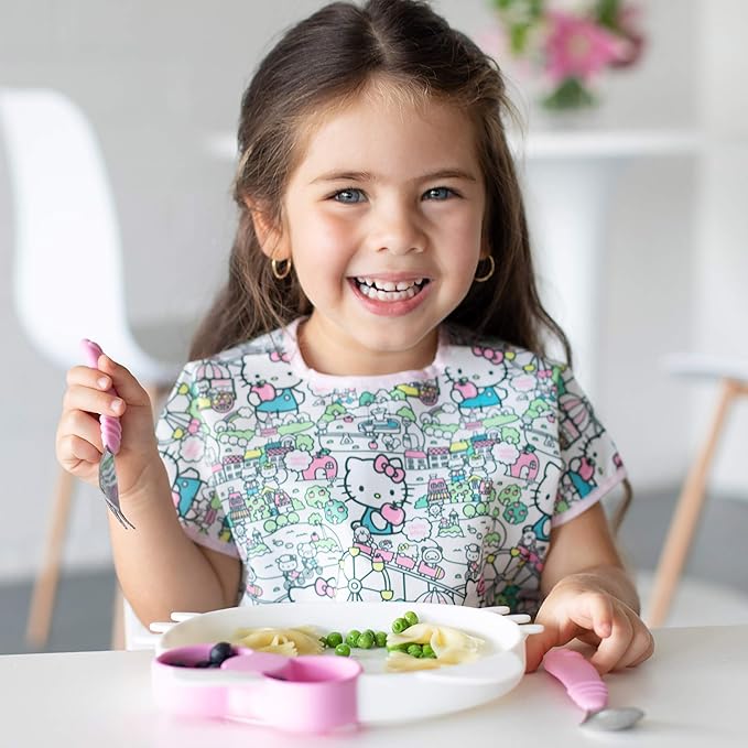Bumkins Toddler Utensils, Kids Size Fork and Spoon Set, Silicone and Stainless-Steel Training Silverware, Angled Fork / Spork for Self-Feeding, Children Learning to Eat, 18 Mos Up, Hello Kitty Pink