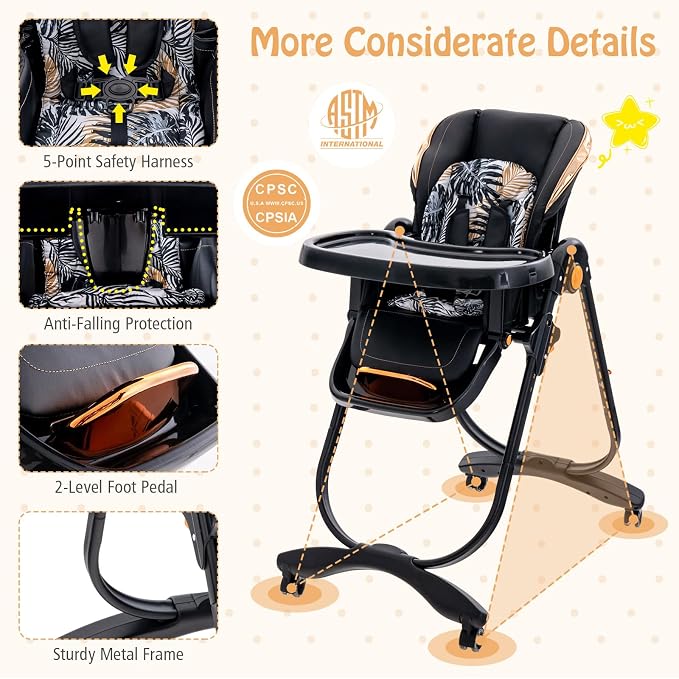 BABY JOY High Chair, Foldable Baby High Chair with Adjustable Height, Backrest & Footrest, Double Removable Tray, Portable Chair with Wheels for Babies & Toddlers of 6-36 Months (Black)