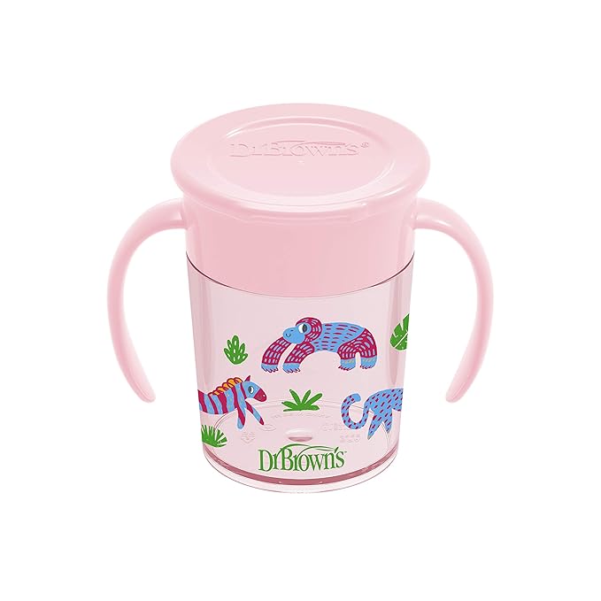 Dr. Brown's Milestones Cheers 360 Spoutless Transition Cup with Handles, Travel Friendly and Leak Free Sippy for Babies and Toddlers, Pink Animals, BPA-Free, 7 oz/200 mL, 6m+, 1-Pack