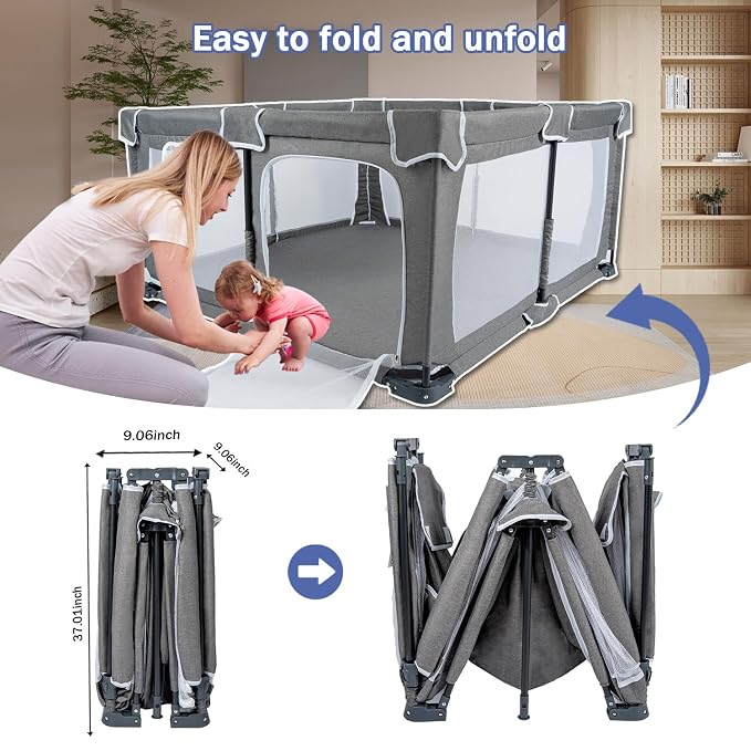 Foldable Baby Playpen 59"x71"，Playpen for Babies and Toddlers with Mat，Foldable playpen with Door，Indoor and Outdoor Baby Fence Play Area (Grey (Cationic Fabric), Foldable 59"x71" with Mat)