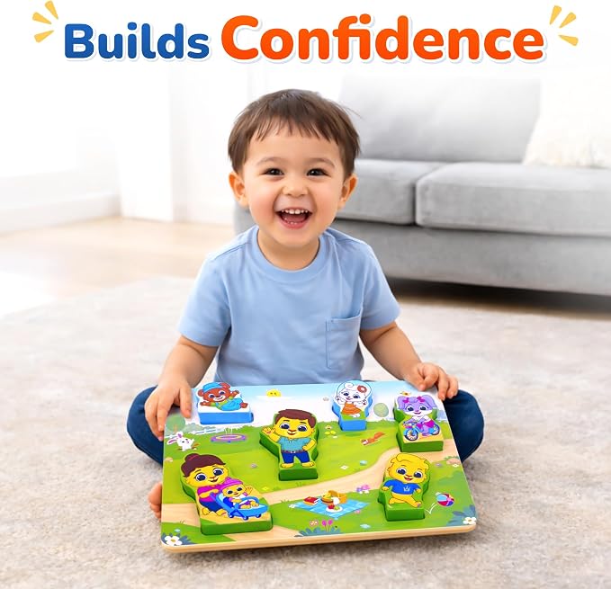 Lucas & Friends Wooden Family Puzzle for Toddlers 2-4, 6-Piece Montessori Matching Board, Extra-Thick Easy-Grip Pieces, Preschool Social Learning Toy - 12” x 9”