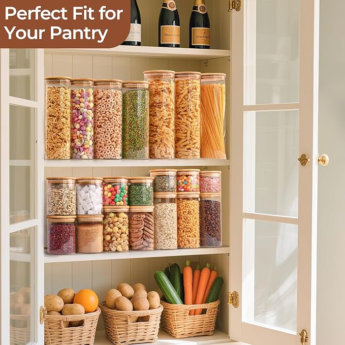 ComSaf Airtight Glass Storage Canister with Wood Lid(1.5 Qt), Set of 3 Glass Jars with Lids, Clear Food Storage Container Jar with Sealing Lids for Dry Food Cereal Oat Sugar Tea Coffee Beans, Round