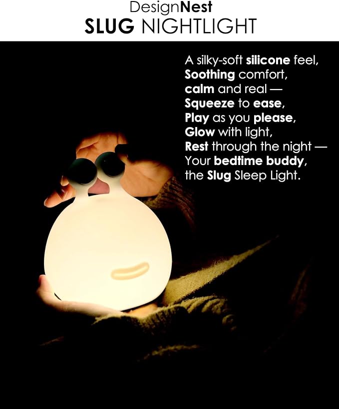 DesignNest Slug Night Light, LED Soft Silicone Touch Control Lamp, Dimmable, Auto Off Timer, Rechargeable, Sleep Aid, 80H+ Long, Squishy Night Light Toy, Kids, Toddler, Nursery, Bedroom, Gift