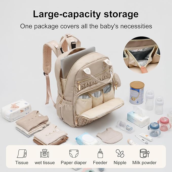 Diaper Bag Backpacks Stylish Baby Diaper Bag Waterproof Travel Backpack with Changing Pad Stroller Strap Insulated Pockets(Khaki)