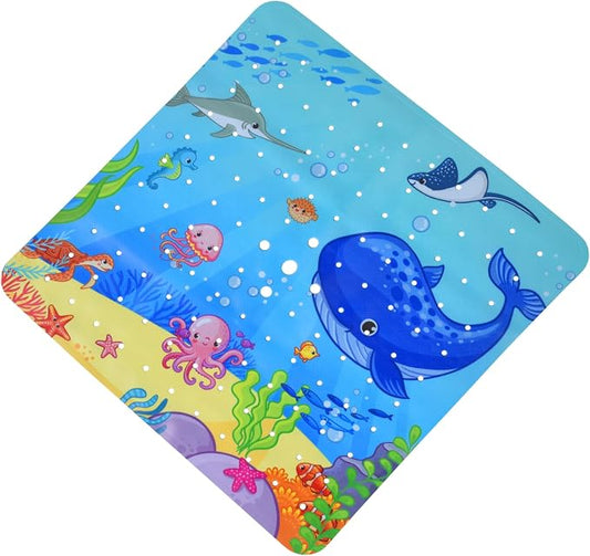 OTraki Square Baby Bath Mat for Tub, 21x21 Inch Non Slip Ocean Pattern Kids Bathtub Mat Cartoon Anti Slip Kids Shower Mat with Drain Holes and Suction Cups Machine Washable Soft on Feet Blue