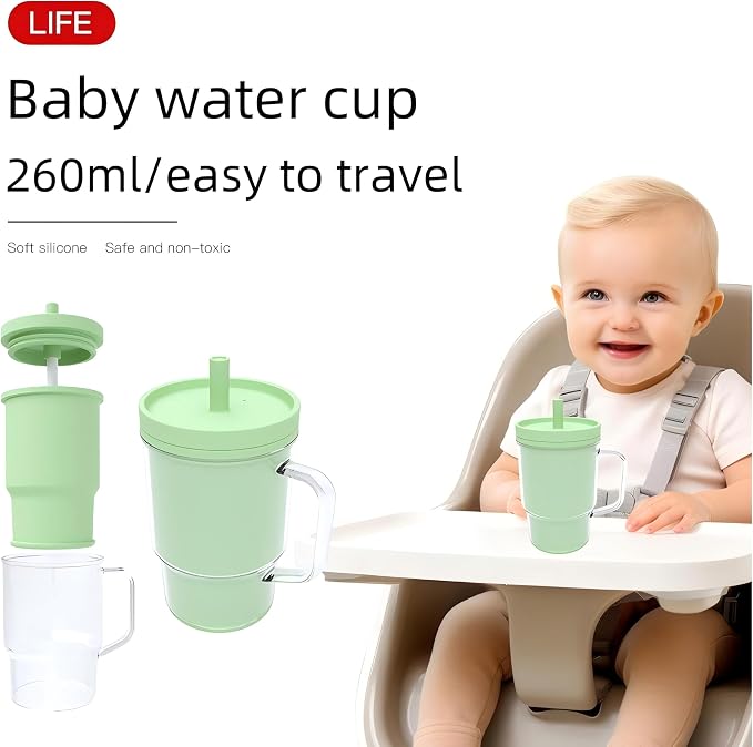 Silicone Sippy Toddlers Cup with Handle & Reusable Silicone Straws for Kids ABS Baby Training Cup with Soft Spout Heat-Resistant, Leak-Proof, Sweat &Spill Proof, No Spill Flip-It 8.8oz (Green)