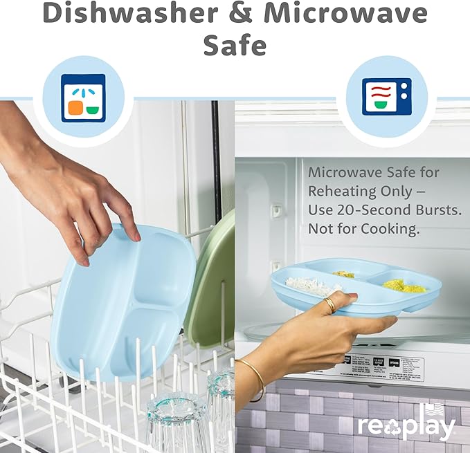 Re-Play Toddler Plates with Dividers - Deep-Walled 3 Compartments Divided Plates for Kids - Dishwasher & Microwave Safe - Made in USA - Set of 3-7.37" x 7.37" x 1.25" - Cool Blue