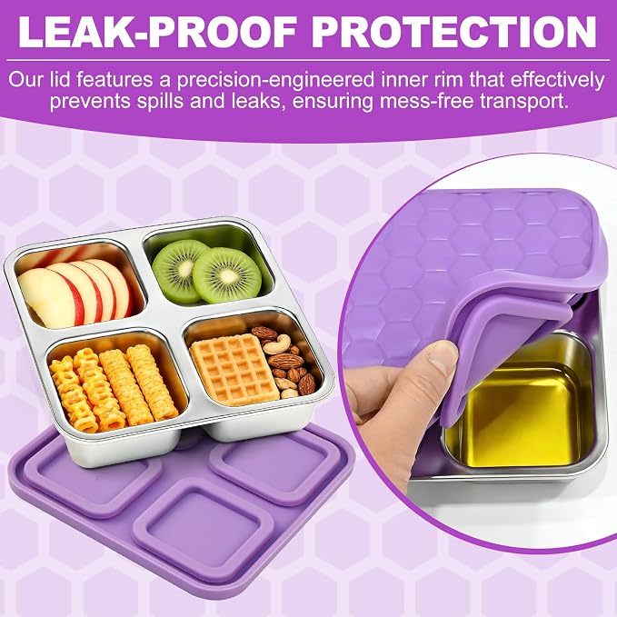 2 Pack Stainless Steel Snack Containers, Reusable 4 Compartment Food Container with Lids, 24 Oz Divided Metal Bento Snack Box for Travel Work, Snack Pack Containers for Portion Control