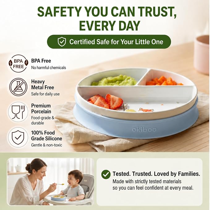 Divided Ceramic Toddler Plate With Silicone Lid And Non-Slip Base, Non-Toxic Porcelain Dish For Babies And Kids, Microwave And Dishwasher Safe, 8 Inch, animal design, Sky Mist