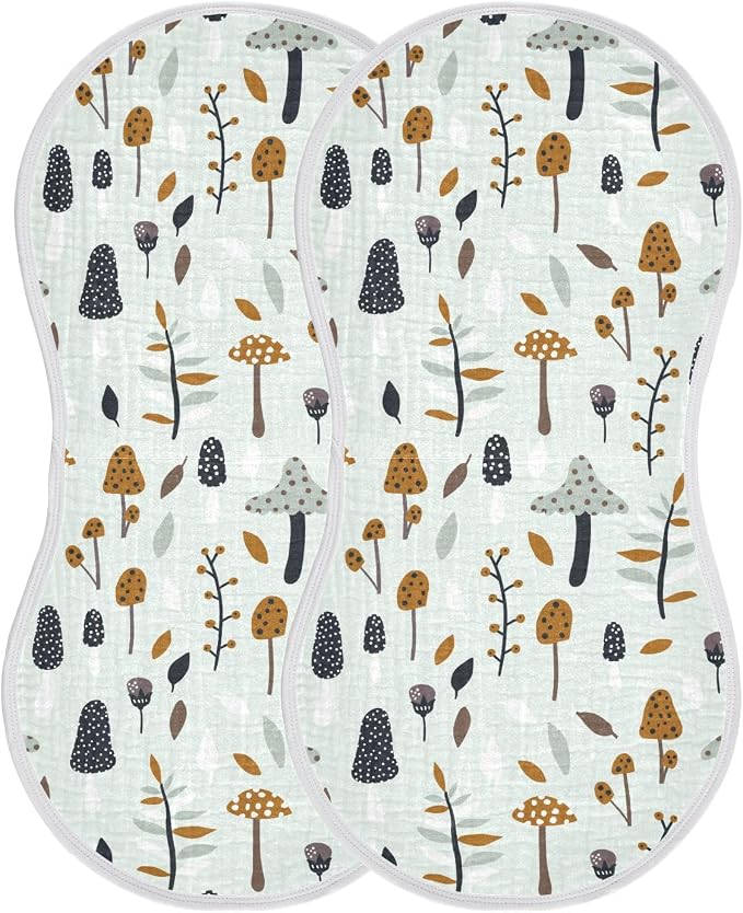 Muslin Burp Cloths for Baby Boys and Girls - 4-Pack Ultra Absorbent Mushroom Muslin Washcloths, Newborn Towel, Milk Spit Up Rags, Burp Cloth Bib for Unisex, 22 x 11 Inch