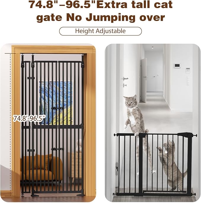 74.8"-90.5" Extra Tall Cat Gate for Doorway, Auto‑Close, No‑Drill Pressure‑Mount with 3 Support Pillars & Double‑Door, Fits 30.3–38.2″ Openings, 1.37″ Narrow Gap, Extension Kit Included, Black