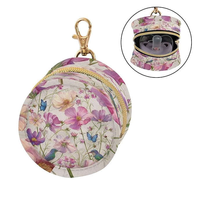 Pacifier Holder with Clip Pacifier Case for Diaper Bag Round Baby Pacifier Pouch Box Bag Portable Spring Wildflower Hummingbirds Beige