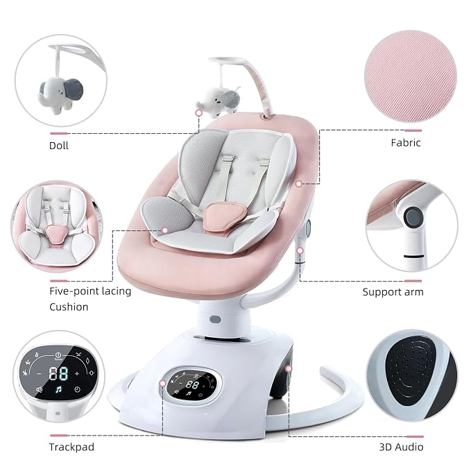 VaVaSoo Baby Swing for Infants Mamroo Electric Automatic Multi Motion Newborn for Girl & Boy with Remote Control, 5 Speed, 13 Melodies, Light Gray (Pink)