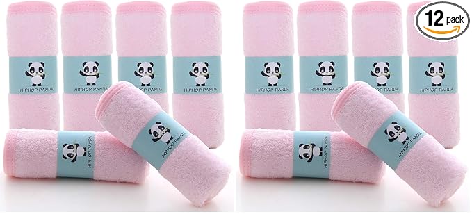 HIPHOP PANDA Baby Washcloths, Rayon Made from Bamboo - 2 Layer Ultra Soft Absorbent Newborn Bath Face Towel - Reusable Baby Wipes for Delicate Skin - Pink, 12 Pack