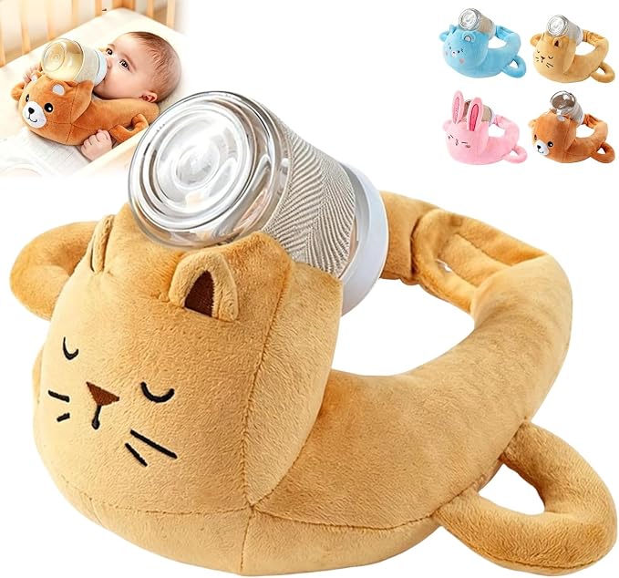 Bottle Holder Pillow Plush, Feeding Nursing Assistant Hands Free, Ergonomic Bottle Support Cushion, Soft Animal Cover Protector, Machine Washable (Beige)