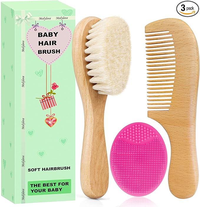 Baby Hair Brush with Wooden Handle and Comb Set for Newborns & Toddlers | Natural Soft Goat Bristles l Wood Comb l Rose Red Cradle Cap Brush | Ideal for Cradle Cap (3 Piece)