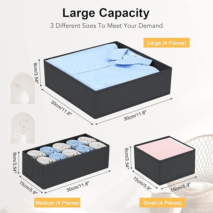 DIMJ Clothes Drawer Organizer, 12 Packs, Foldable Underwear Organizer for Baby Clothes, Tie, Bra, Sock (Black)