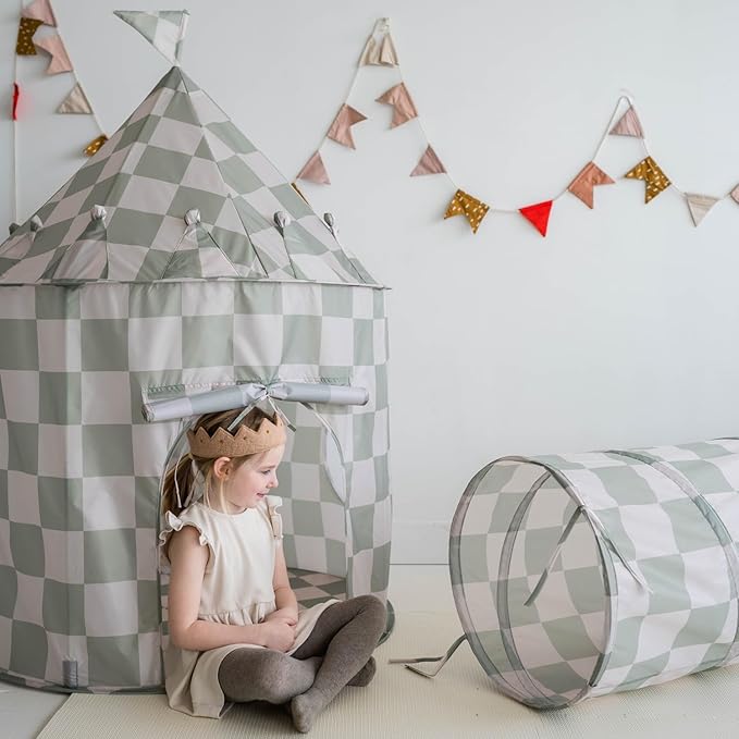 3 Sprouts Kids Play Tent - Sustainable Recycled Fabric ??Fun Spacious Childs Playhouse for Indoor Games for Boys & Girls - Durable Fort Pop Up House for Toddlers & Children Age 3-10 - Checkered Green