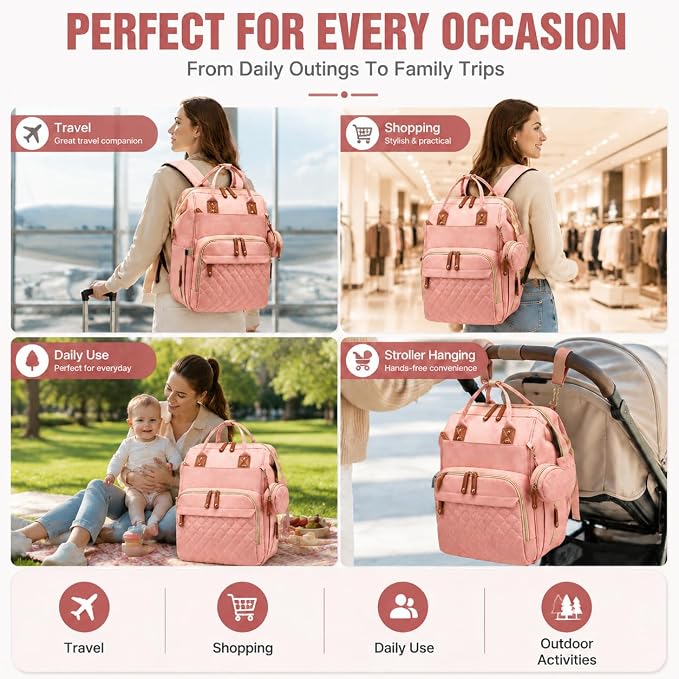 Black Diaper Bag Backpack, Multifunctional Waterproof Mommy Bag with Changing Pad, USB Port, Stroller Straps, Large Capacity Baby Travel Bag (pink)