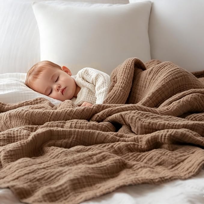 EMME Muslin Baby Blankets 100% Cotton 4-Layer Swaddle 40"x50" Lightweight Soft Breathable for Toddler, Infant, Newborn All Season Gauze Blanket, Brown
