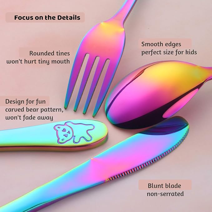 Stainless Steel Kids Silverware with Training Chopsticks, 8 Pieces Rainbow Toddler Utensils for 4-12 Years Old, Food Grade Metal Kids Utensils Set, Children Safe Flatware, Dishwasher Safe, Poylim