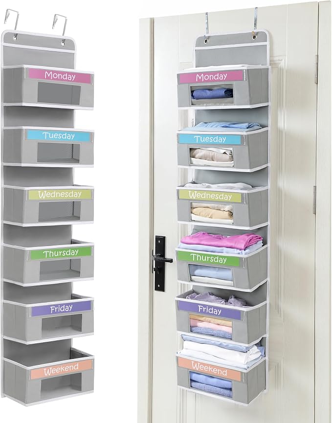 Housables Weekly Clothes Organizer for Kids, Days of the Week Clothes Organizer, Kids Closet, Daily Outfit Storage, Monday through Friday Clothing, Weekday, M-F, School, Hanging, Over Door, 6 Shelf