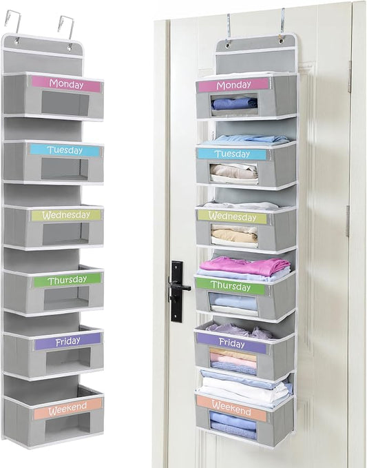 Housables Weekly Clothes Organizer for Kids, Days of the Week Clothes Organizer, Kids Closet, Daily Outfit Storage, Monday through Friday Clothing, Weekday, M-F, School, Hanging, Over Door, 6 Shelf