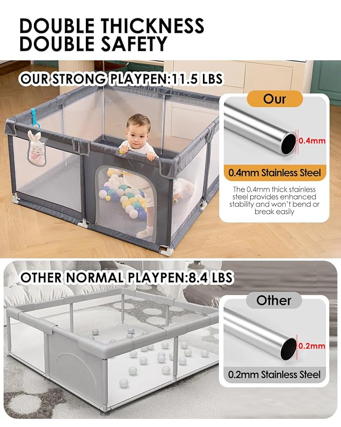 dearlomum Baby Playpen with Non Removable Mat, Extra Large Play Yard for Babies & Toddlers, Portable Travel Playpen, Baby Activity Center for Indoor & Outdoor Use (Grey 50"×50")