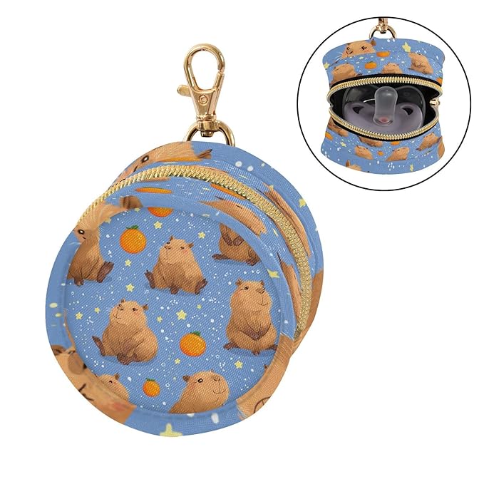 Pacifier Holder with Clip Pacifier Case for Diaper Bag Round Baby Pacifier Pouch Box Bag Portable Blue Capybara Oranges Stars